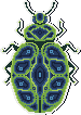 a pixel art beetle in shades of blue and green, with a tortoiseshell-like pattern